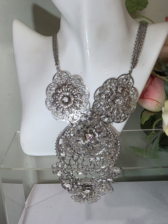Vintage Jewelry - TRUE VINTAGE Silver VICTORIAN Floral Filigree Statement Necklace W AB crystals